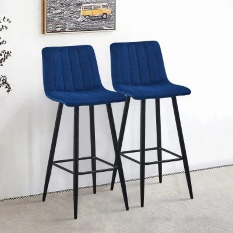 2 Barstools Blue Velvet Fabric Bar Stool With Backs