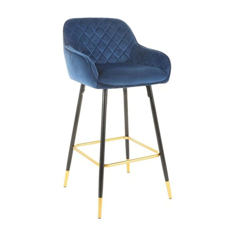 Royal Blue Velvet Stool With Metal Legs For Living room