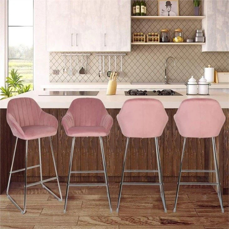 Pink Upholstered Kitchen Stools With Silver Metal Legs