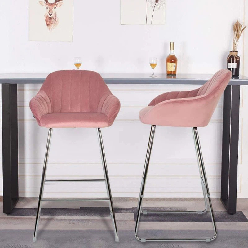 Pink Upholstered Kitchen Stools With Silver Metal Legs