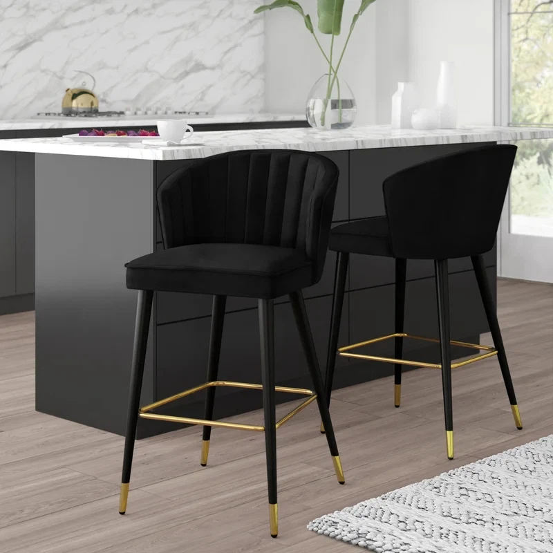 Velvet Solid Bar Stool With 4 Black And Gold Legs